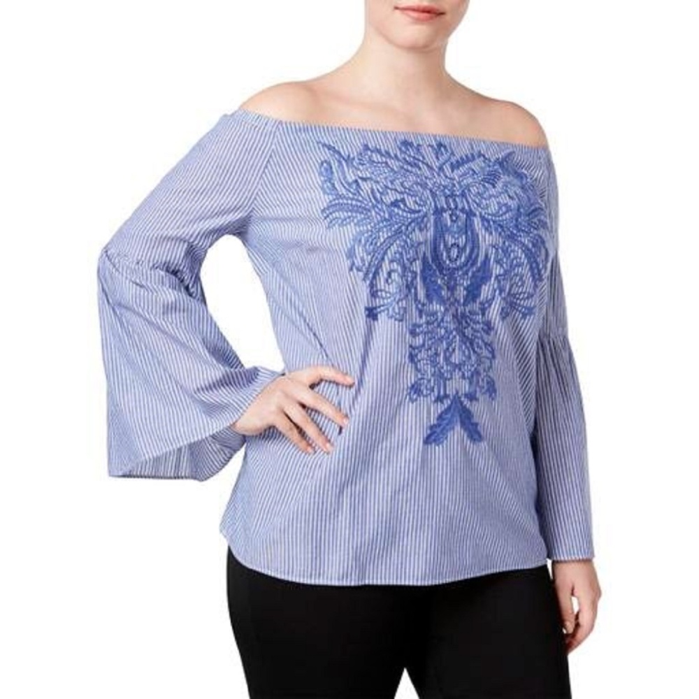 (NWT) INC Women's Blue Striped Embroidered Off-The-Shoulder Top Plus Size 3X